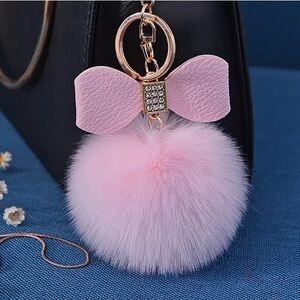 Faux Fur Pom Pom Keychain Charm with Bow & Rhinestones